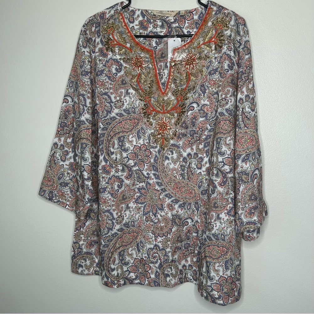 Soft Surroundings Kaimana Embellished Multicolor Paisley Spring Tunic Size XL